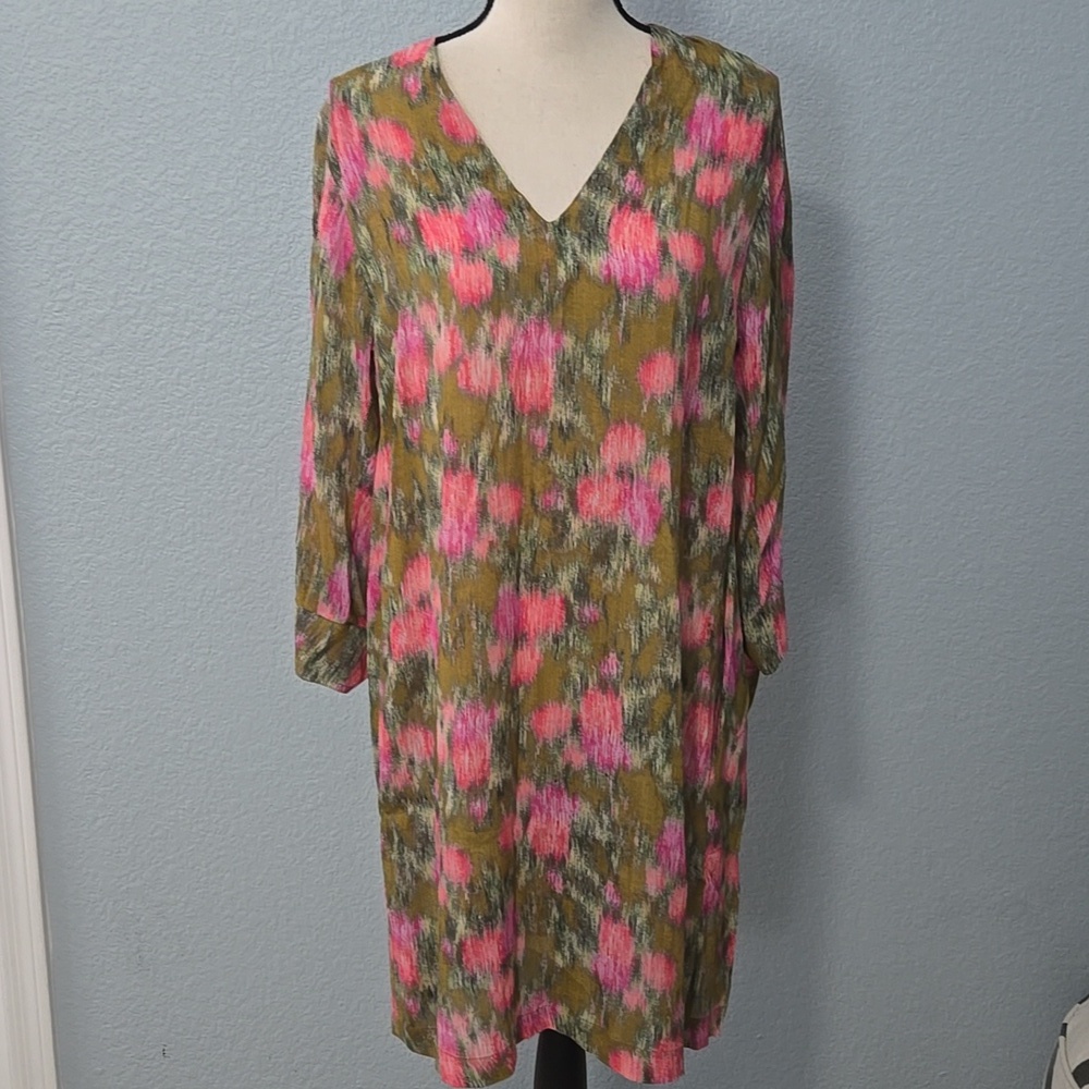 GRIFONI Italian Silk Blend Long Sleeve Watercolor Shift Dress Sz 44/US 10 - 12